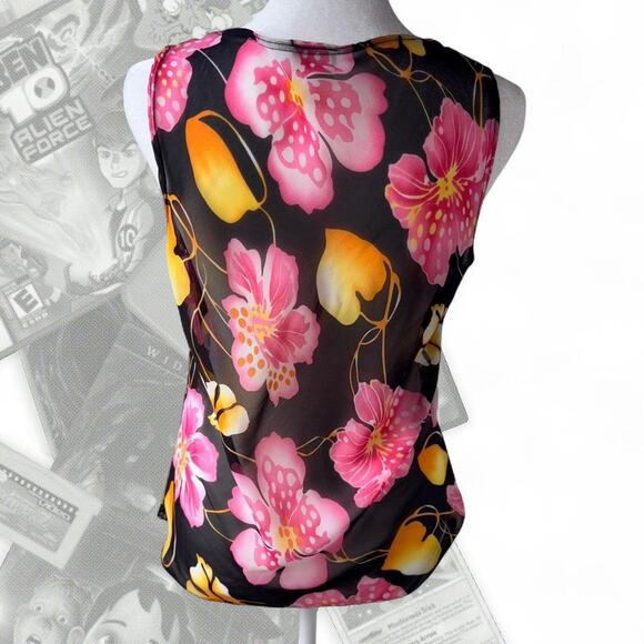 Y2K Black Tropical Floral Print V Neck Top - Picture 4 of 6